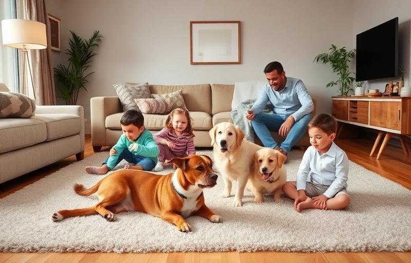 Family with pets on clean carpet in living room