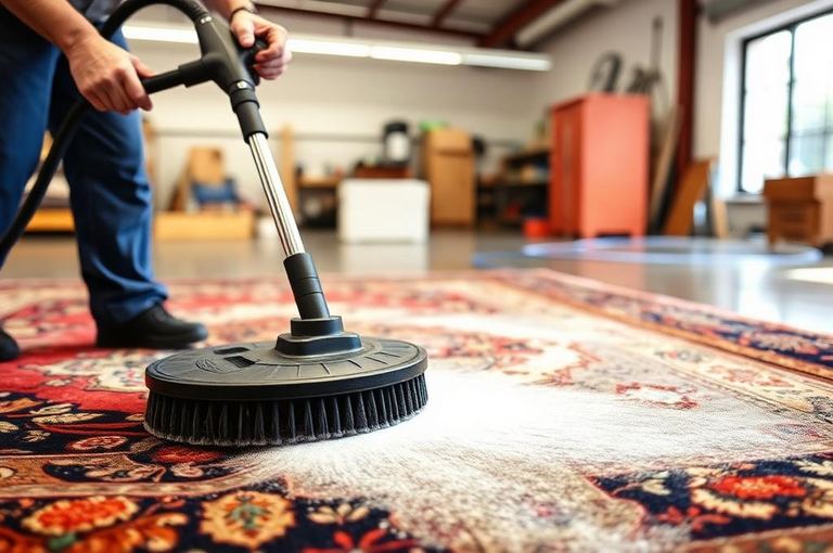 Technician cleaning a patterned area rug with a rotary brush