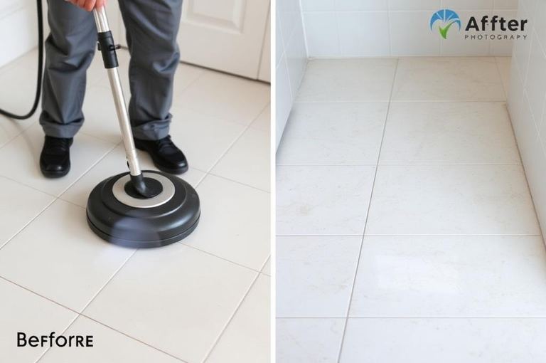 Technician cleaning a white tile floor with a rotary machine