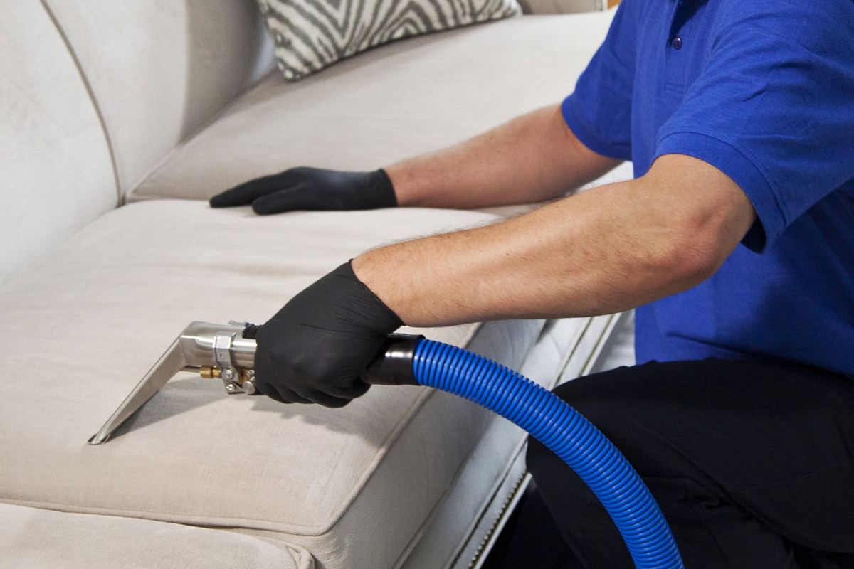 Technician cleaning a light sofa with an upholstery wand and blue hose